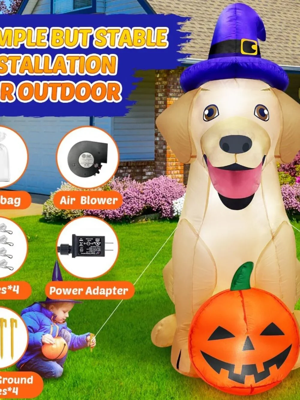 5FT Halloween Inflatable Lab Dog Pumpkin Witch Hat LED Outdoor Yard Decoration